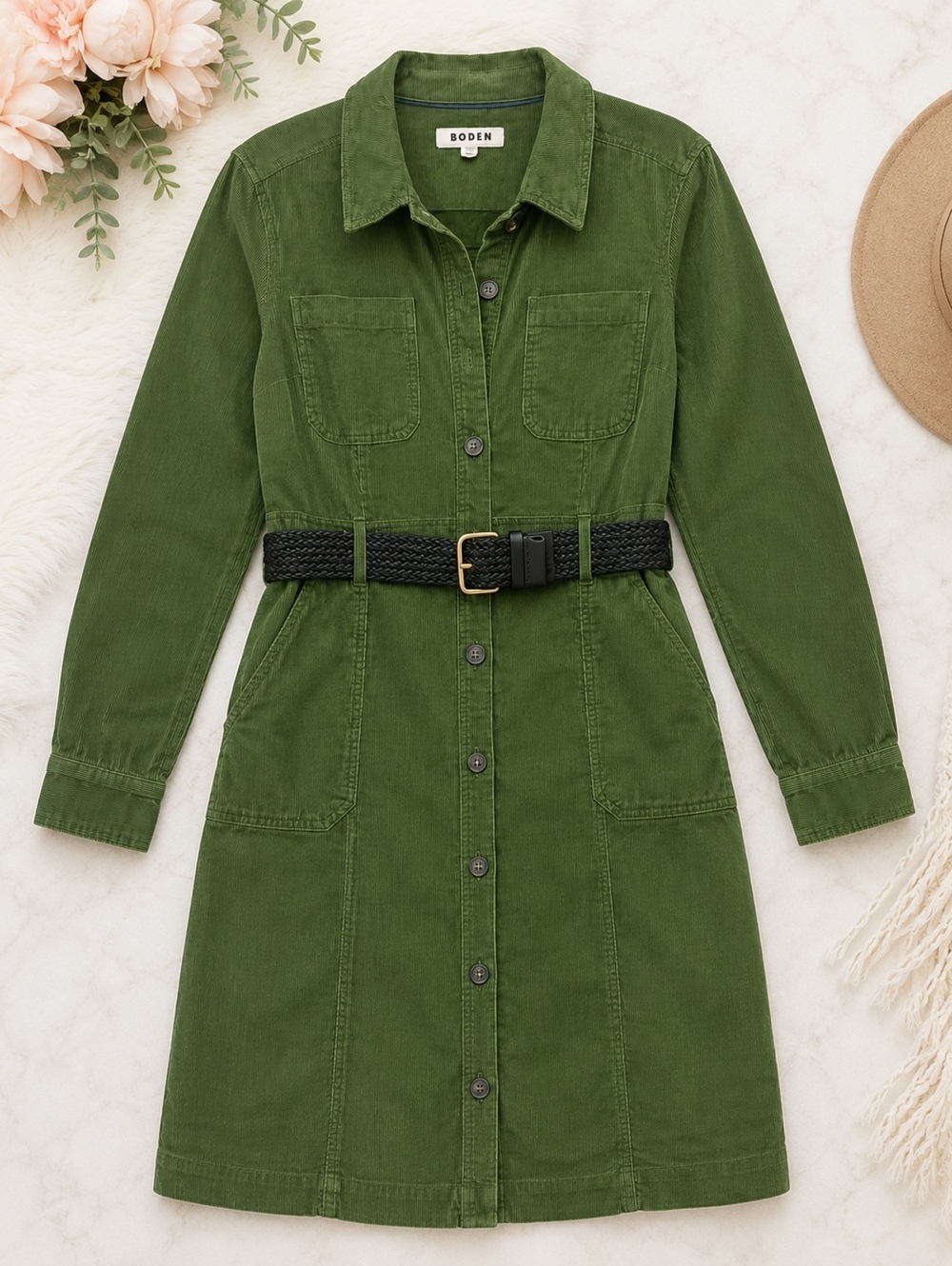 Boden Green Corduroy Shirt Dress with Belt US 12P Button Front